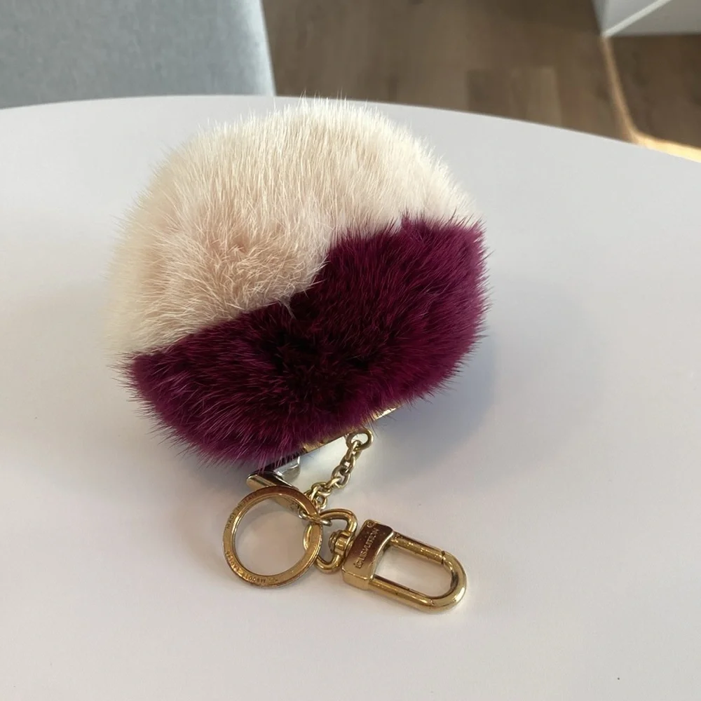 Louis Vuitton Two-Tone Fur Pom Pom Key Holder in Cream and Deep Berry